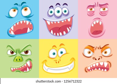 Set of different monster face illustration