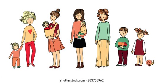 Set of different mothers and children in cartoon style