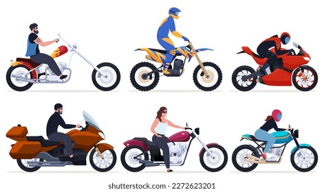 A set of different motorcycles with men and women on them. Two-wheeled transport of various types, sports, cross-country, for travel. Vector illustration