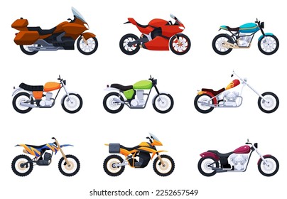 A set of different motorcycles. Two-wheeled transport of various types, sports, cross-country, for travel. Vector illustration