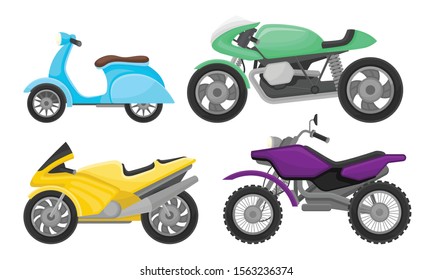 Set of different motorcycles. Vector illustration on a white background.