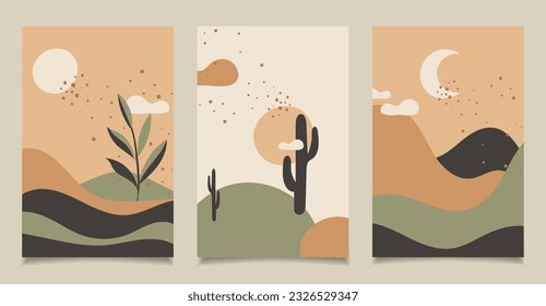 conjunto de diferentes colecciones de banners de paisajes de montaña. Collage plano de moda en el estilo de arte de fondo de diversos paisajes de viaje vintage. Entorno natural, colinas multicolores.