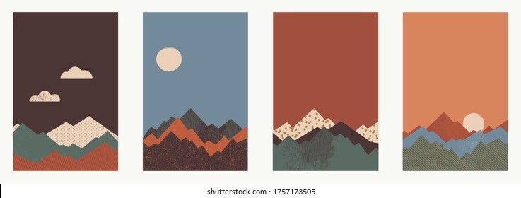 Set of different mountain landscapes. Minimal art illustration