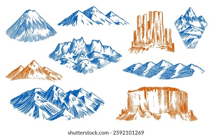 set of different mountain peaks and hills badges. hand drawn illustrations of snowy and rocky mountains from the world. for badges water bottles and other ecology usage