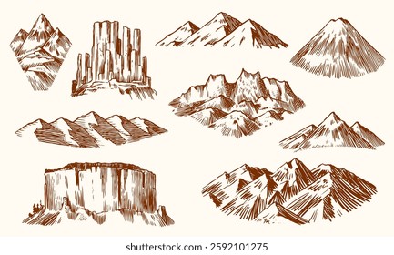 set of different mountain peaks and hills badges. hand drawn illustrations of snowy and rocky mountains from the world. for badges water bottles and other ecology usage