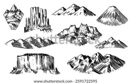 set of different mountain peaks and hills badges. hand drawn illustrations of snowy and rocky mountains from the world. for badges water bottles and other ecology usage