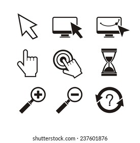 Set of different mouse cursors hand cursor hourglass. Black icons on white background