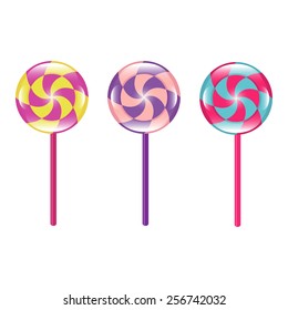 Set of different mouth-watering candy colors on a stick vector