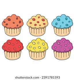 Conjunto de diferentes pasteles de muffin. Ilustración de estilo de dibujos animados.