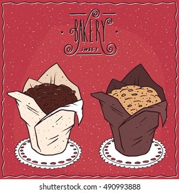 Set of different muffins, chocolate muffin in white paper cup and white muffin in brown paper cup. Handmade cartoon style. Vector illustration