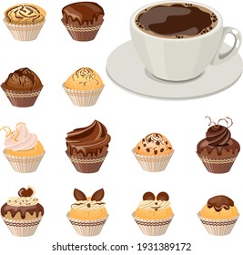 Set with different muffins and cup of black coffee. Objects isolated on white background. Illustration can be used for restaurants and cafe menu.