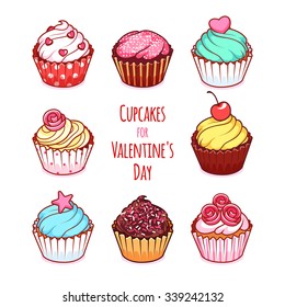 Set of different muffins. Different cupcakes for Valentine's Day. Vector clip-art illustration on a white background. Tasty and beautiful pastries.