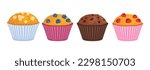Set of different muffins isolated on white background. Chocolate, raspberry, blueberry and oatmeal cake. Vector cartoon illustration of fresh sweet pastries.