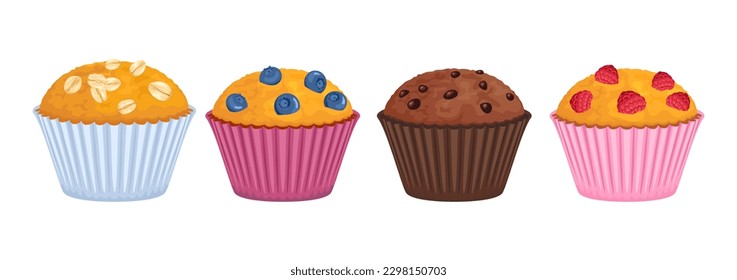 Set of different muffins isolated on white background. Chocolate, raspberry, blueberry and oatmeal cake. Vector cartoon illustration of fresh sweet pastries.