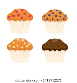 Conjunto de muffins diferentes aislados en fondo blanco. Chocolate, frambuesa, arándano y tarta de avena. Vector de ilustración