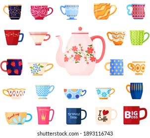 Set of different mugs. Different shapes and patterns on the cup. Tea party. Background. Vector illustration