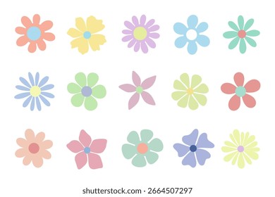Um conjunto de diferentes cores abstratas multicoloridas isoladas em um fundo branco. Ilustração vetorial, design plano. Elemento botânico florescente, estilo retro. Coleção de ícones de flores para decoração, design