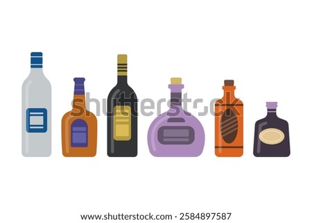 Set of different multicolored alcohol bottles icons. Colored silhouette. Front side view. Vector simple flat graphic illustration. Isolated object on white background. Isolate.