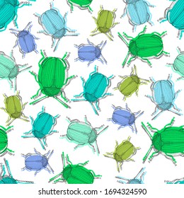 Set of different multi-colored beetles. Turquoise, blue and green winged insects on a white background. Seamless vector pattern.