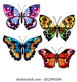 Set of different multicolored butterflies. Collection of fantasy colorful vector butterflies for design. Vector illustration