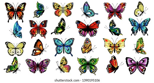 Set of different multicolored butterflies. Collection of fantasy colorful vector butterflies. Vector illustration