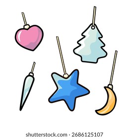 Conjunto de diferentes decoraciones multicolores del árbol de Navidad esboza la Ilustración vectorial de color 