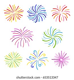 Set of different multicolored doodle fireworks isolated on white background.
