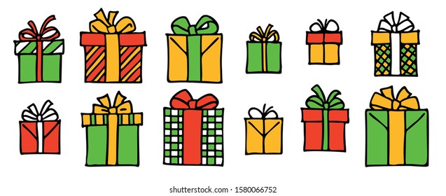 set of different multi-colored gifts boxes with bows and ribbons isolated on white background