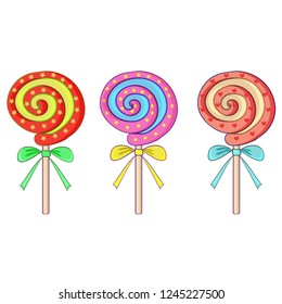set of different multicolored lollipops with bows isolated on white background. Vector illustration eps 10 