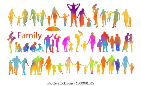 Set of different multi-colored silhouettes of a friendly family. Vector illustration