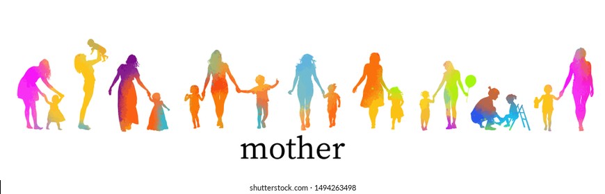 Set of different multi-colored silhouettes of mom with a baby. Vector illustration