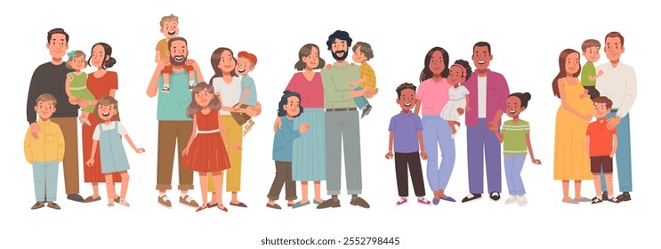 Conjunto de diferentes familias multiculturales. Mamá, papá, hijo e hija. Colección de retratos familiares. Padres e hijos. Ilustración vectorial en estilo plano