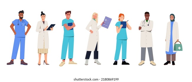 Set of different multinational doctors. Male and female therapists, nurses and general practitioners in uniform. Medicine and healthcare. Cartoon flat vector collection isolated on white background