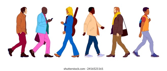 Grupo de diferentes multinaciones de hombres caminando en perfil. Personajes masculinos de caricatura. Usando ropa de moda informal en la calle. Ilustración vectorial. Aislado sobre fondo blanco.