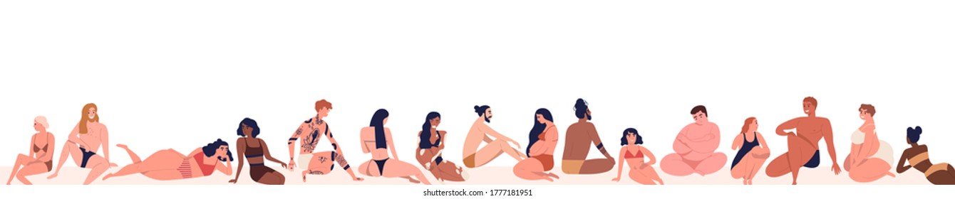 Set of different, multiracial body positive people dressed on beach in beachwear. Various, pregnant, tattoo, dark skin men and women. Flat cartoon vector illustration isolated on white background