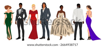 Set of different multiracial people wearing fashionable clothes for evening event, cocktail or party. Men in tuxedo, women in gowns. Realistic vector illustration isolated