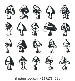 Set of different mushroom icon silhouettes isolated on a white background Vector illustration. 