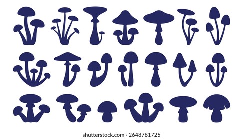 Set of different mushroom silhouettes, graphic drawing with lines, black and white cut truffle, porcini mushroom, color full Mushroom Silhouettes for Design. mushroom, silhouette, boletus.