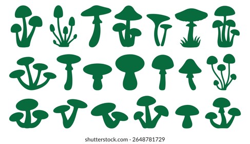 Set of different mushroom silhouettes, graphic drawing with lines, black and white cut truffle, porcini mushroom, color full Mushroom Silhouettes for Design. mushroom, silhouette, boletus.