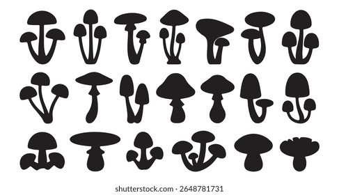 Set of different mushroom silhouettes, graphic drawing with lines, black and white cut truffle, porcini mushroom, color full Mushroom Silhouettes for Design. mushroom, silhouette, boletus.