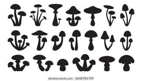 Set of different mushroom silhouettes, graphic drawing with lines, black and white cut truffle, porcini mushroom, color full Mushroom Silhouettes for Design. mushroom, silhouette, boletus.