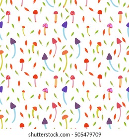 Set of different mushrooms. Colorful Vector seamless pattern.