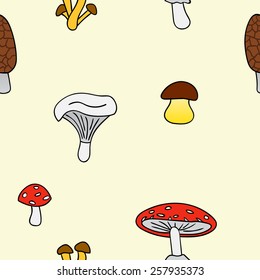 set of different mushrooms on a light seamless background