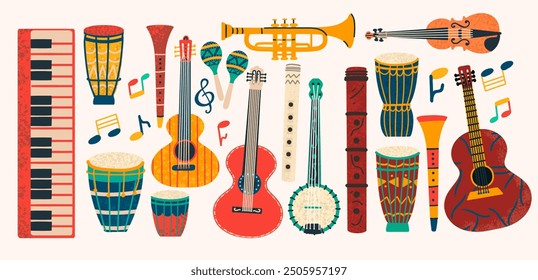 Set of different musical colorful instruments with hand drawn textures. Guitar, drum, violin, trumpet. Vector illustration