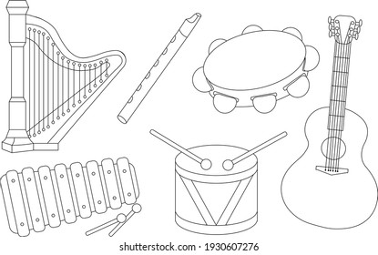 A set of different musical instruments for coloring (guitar, drum, clavisin, harp, pipe, tambourine). Vector illustration.