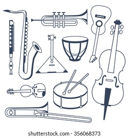 Set of different musical instruments. Musical Instruments in flat monochrome style isolated on white background. Sax, trumpet, flute, trombone, drums, kettle-drum, cello, guitar, violin and balalaika.