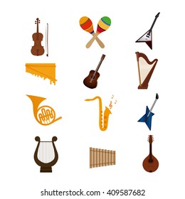 Set of different musical instruments on a white background