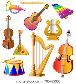 Set of different musical instruments on white background, vector cartoon image.