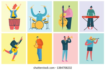 Set of different musicians with musical instruments playing jazz and rock music. Vector illustration cards in the flat style