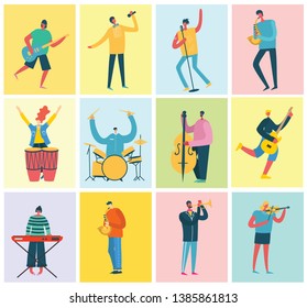 Set of different musicians with musical instruments playing jazz and rock music. Vector illustration cards in the flat style